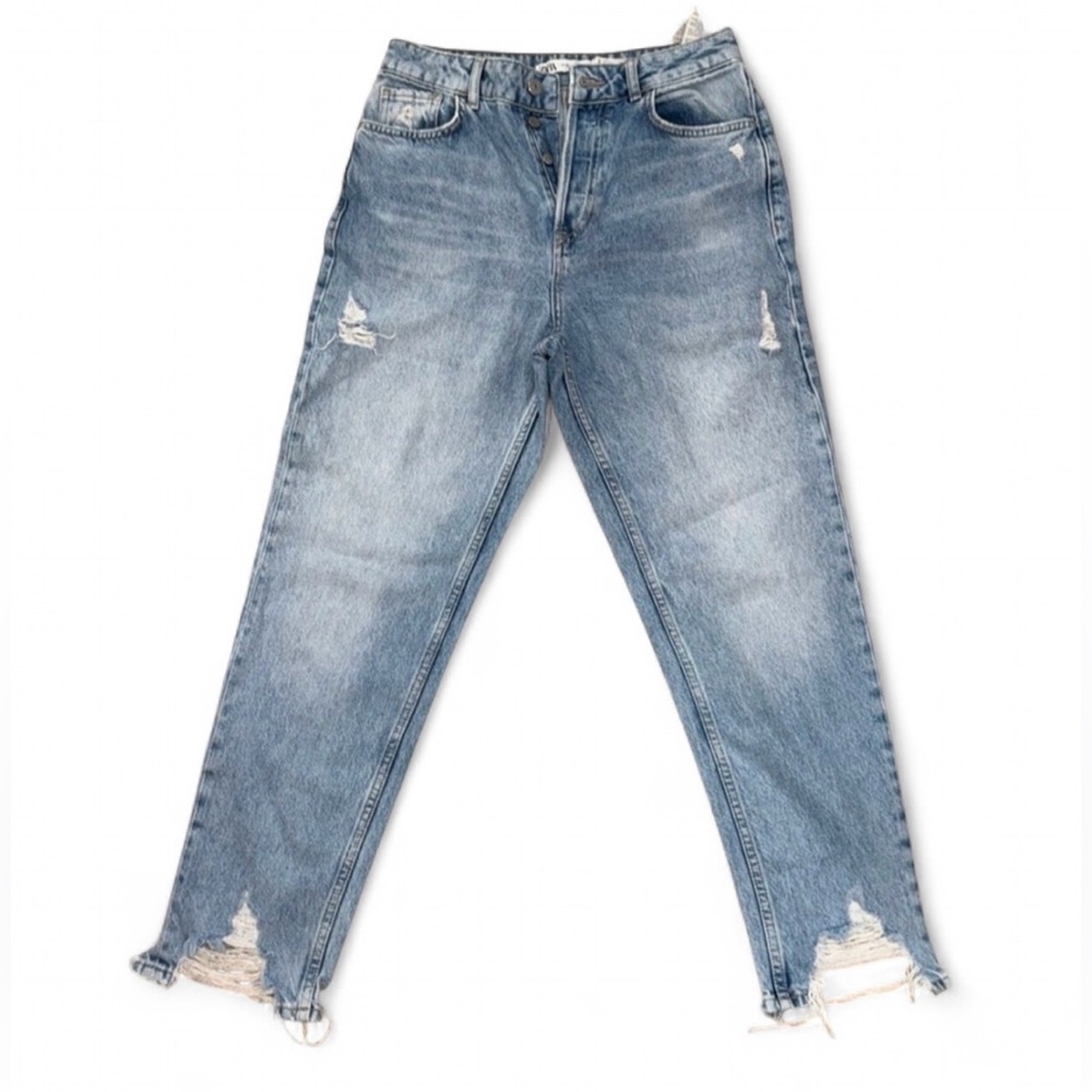 Zara High Waisted Multi Button Jeans Distressed Frayed Hem